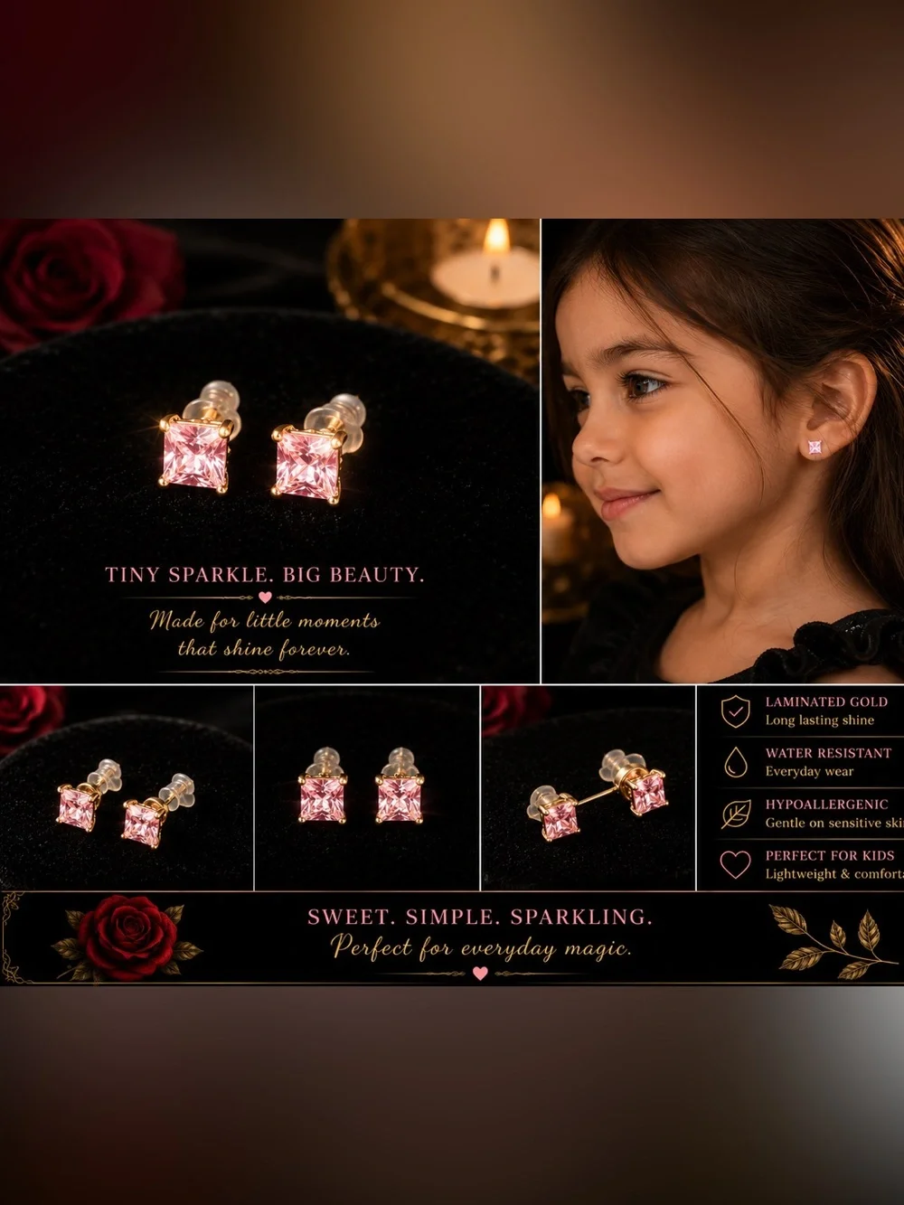 Laminated Gold Pink Crystal Stud Earrings